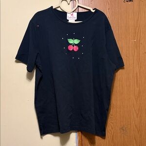 Quacker Factory Black Tee with Cherry Embroidery